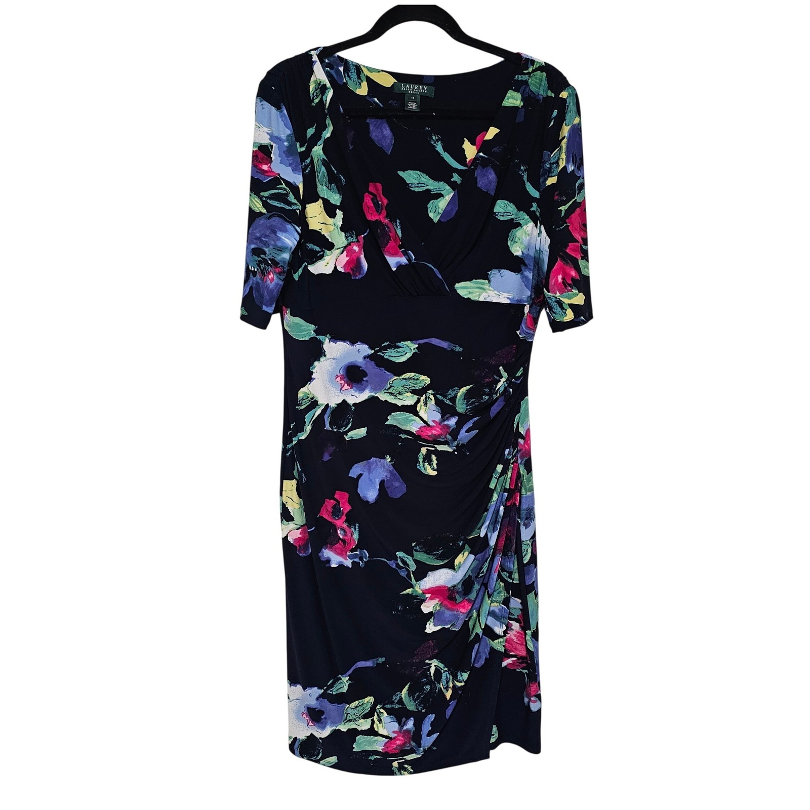 Lauren Ralph Lauren 14 Dress Navy Floral Jersey Knit Ruched Sheath V-Neck Chic